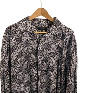 GENELLI SILK SHIRT ABSTRACT BLACK & SILVER DESIGN 100% Silk SIZE XL